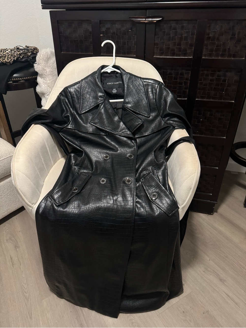 Vince Camuto Black Croc-Embossed Faux Leather Trench